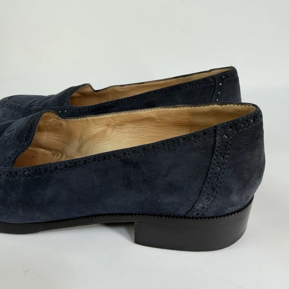 Chanel Loafers Shoes Womens 7 37 Coco CC Mark Embroidered Blue Suede Italy